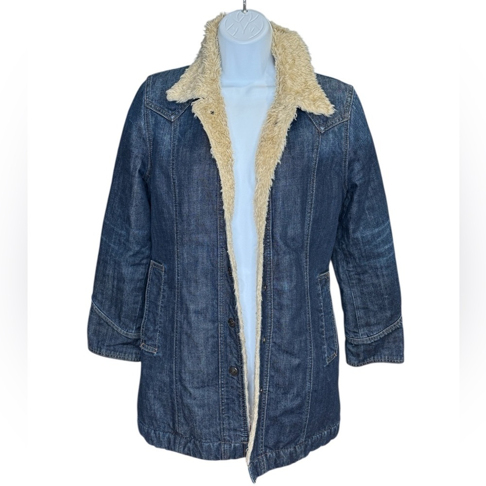 Gap women’s vintage faux fur long denim blue jean chore coat barn coat small